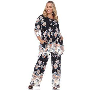 Plus Size Black White Flowers Print Tops & Pajama Set Multisize WM 041